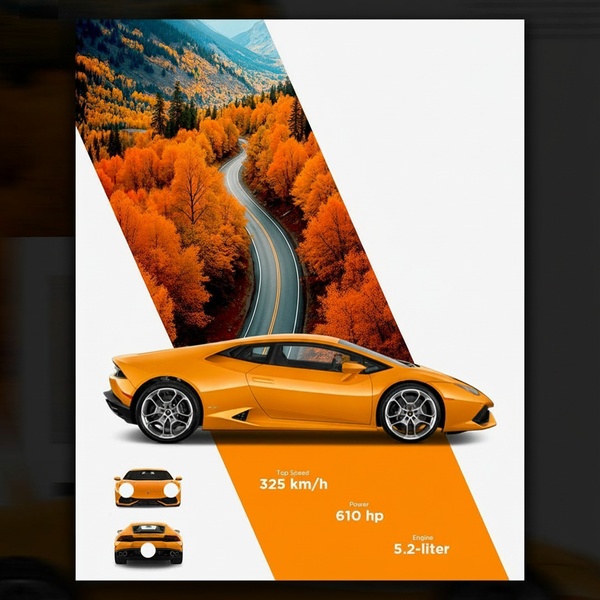 sports car, luxury car, supercar, performance car, coupe, product launch, brand awareness, modern typography, minimalist, bold, luxurious, orange, neutral